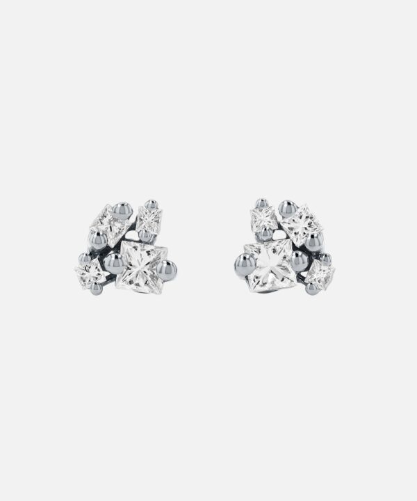 18KW Princess Diamond Cluster Stud Earrings